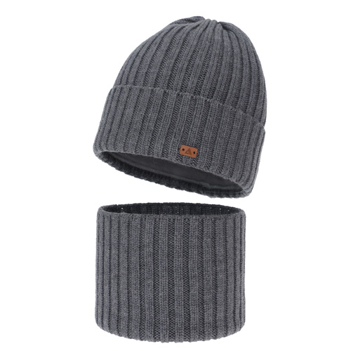 Pojke vinter set: mössa och tubhalsduk, grå, 100% Merino Ull, Umberto