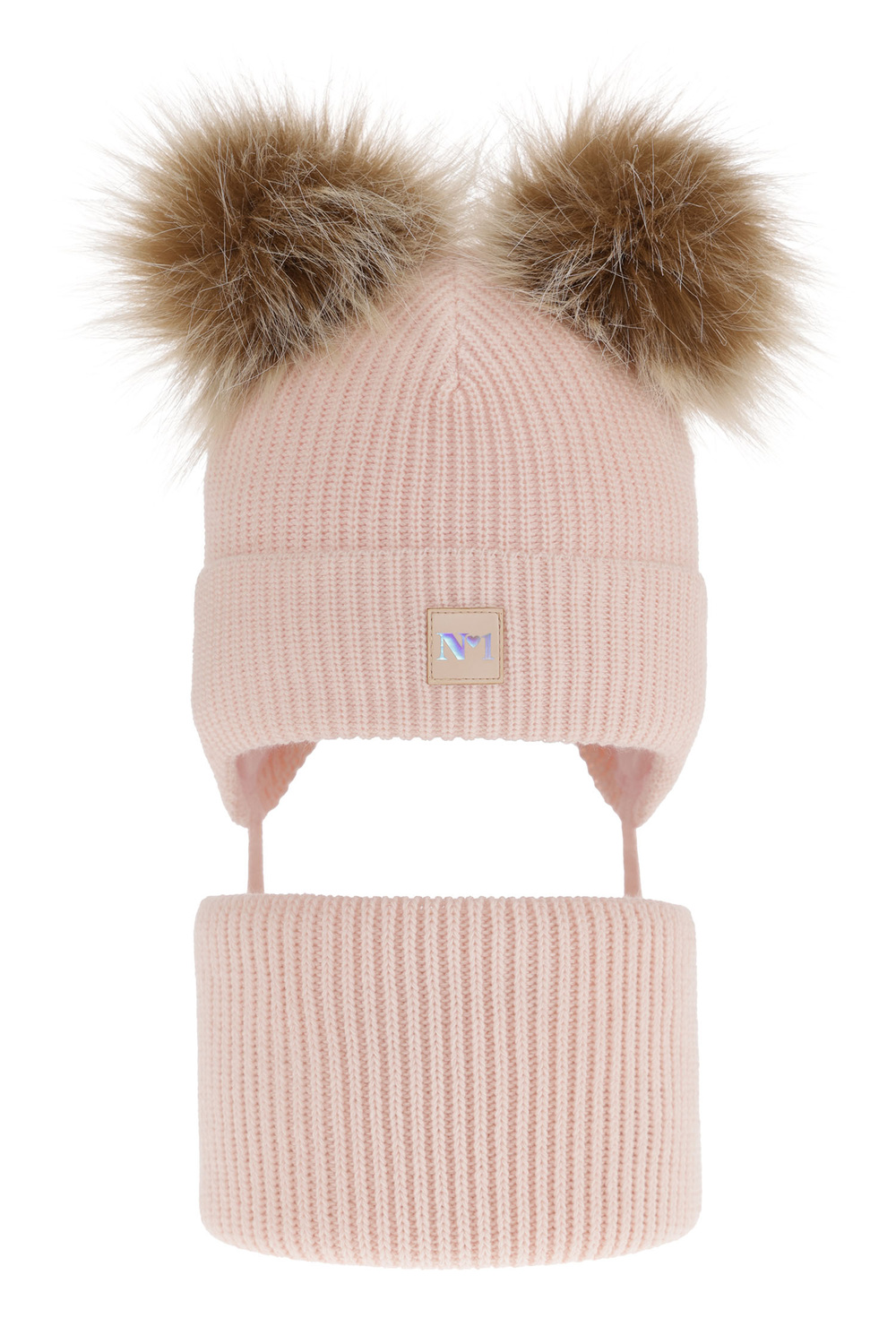 Flicka vinter set: mössa och halsduk, rosa, med två pompommar, knytband, Kiara