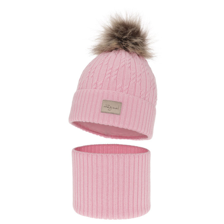 Flicka vinter set: mössa och halsduk, rosa, 100% Merino Ull, med pompom, Berna