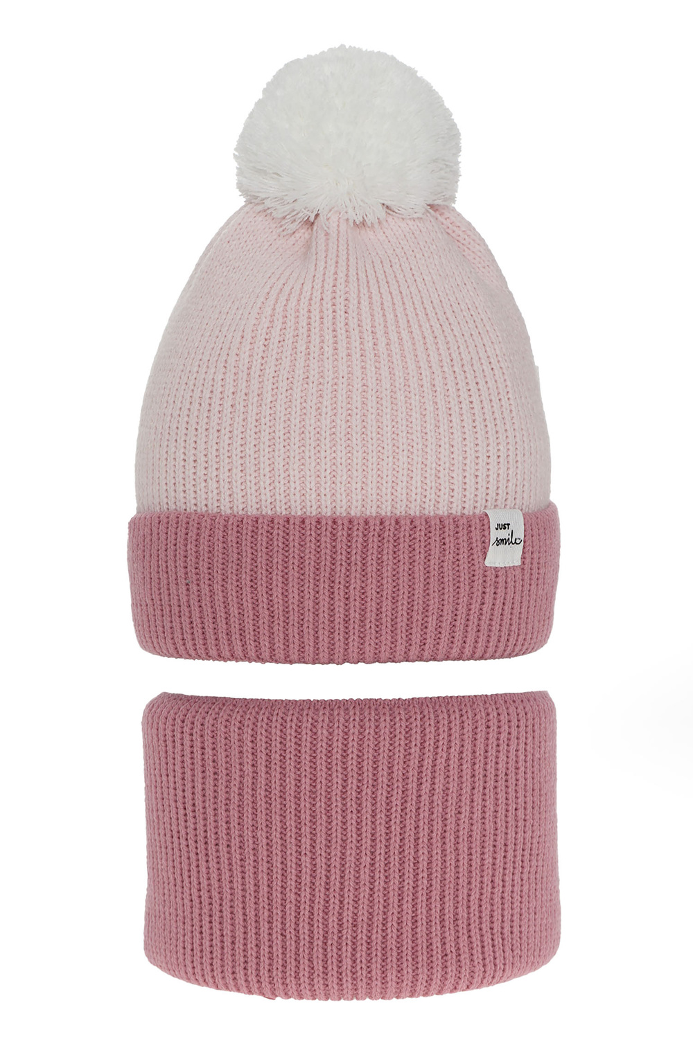 Flicka vinter set: mössa och tubhalsduk, rosa, med pompom, Rosalin