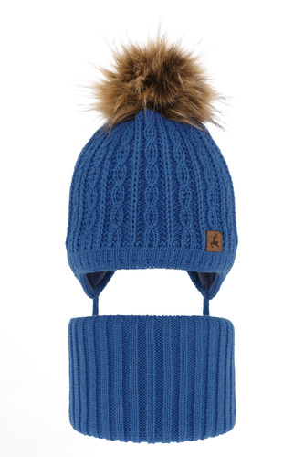 Pojke vinter set: mössa och halsduk, blå, med pompom, knuten, Pago
