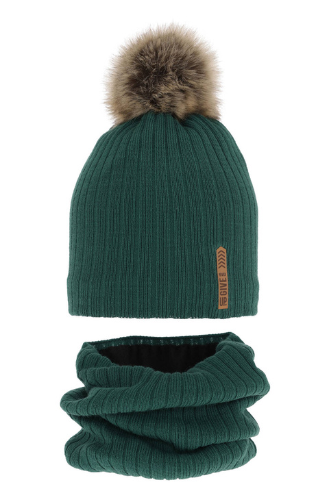 Pojke vinter set: mössa och tubhalsduk, grön, med pompom, fodrad med fleece, Kalen