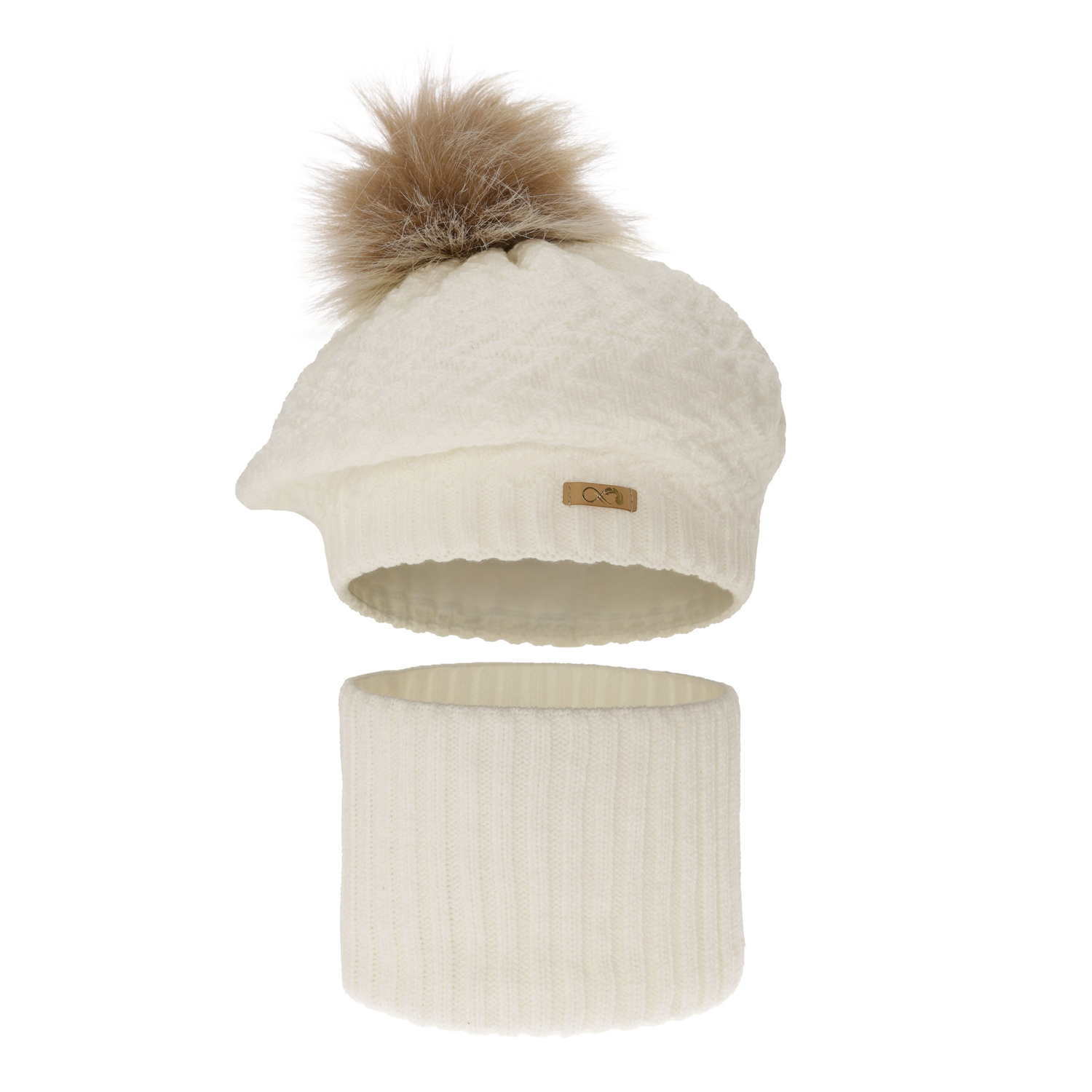 Flicka vinter set: mössa och halsduk, creme, med pompom, Atene