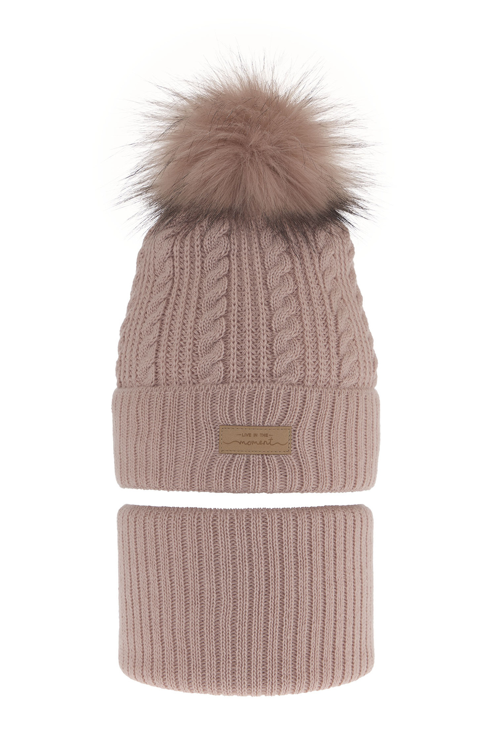 Flicka vinter set: mössa och tubhalsduk, rosa, med pompom, Alika