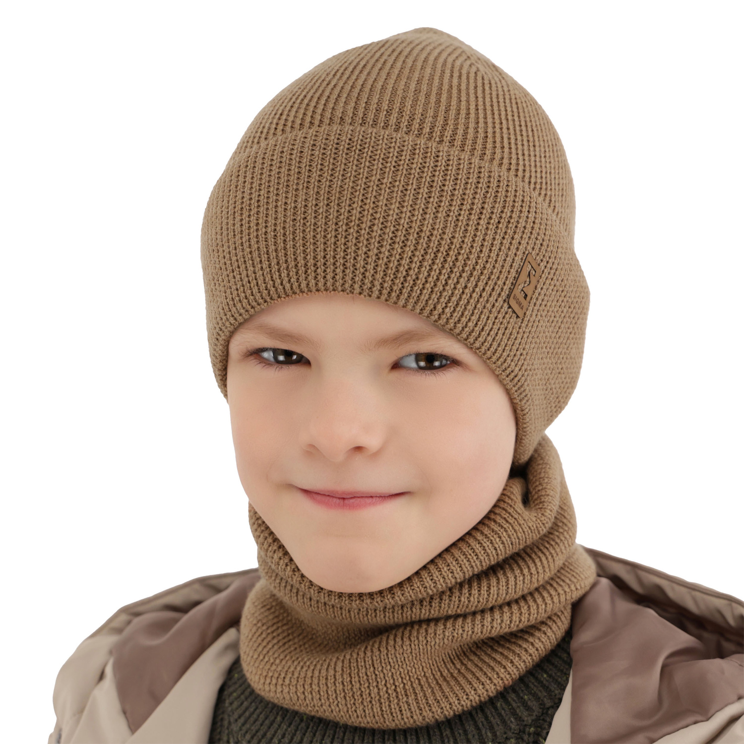 Pojke höst/vår set: mössa och tubhalsduk, grön, 100% Merino Ull, Bruce
