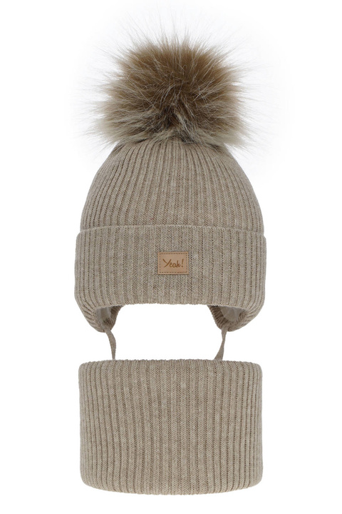 Flicka vinter set: mössa och tubhalsduk, beige, med pompom, Dilajla