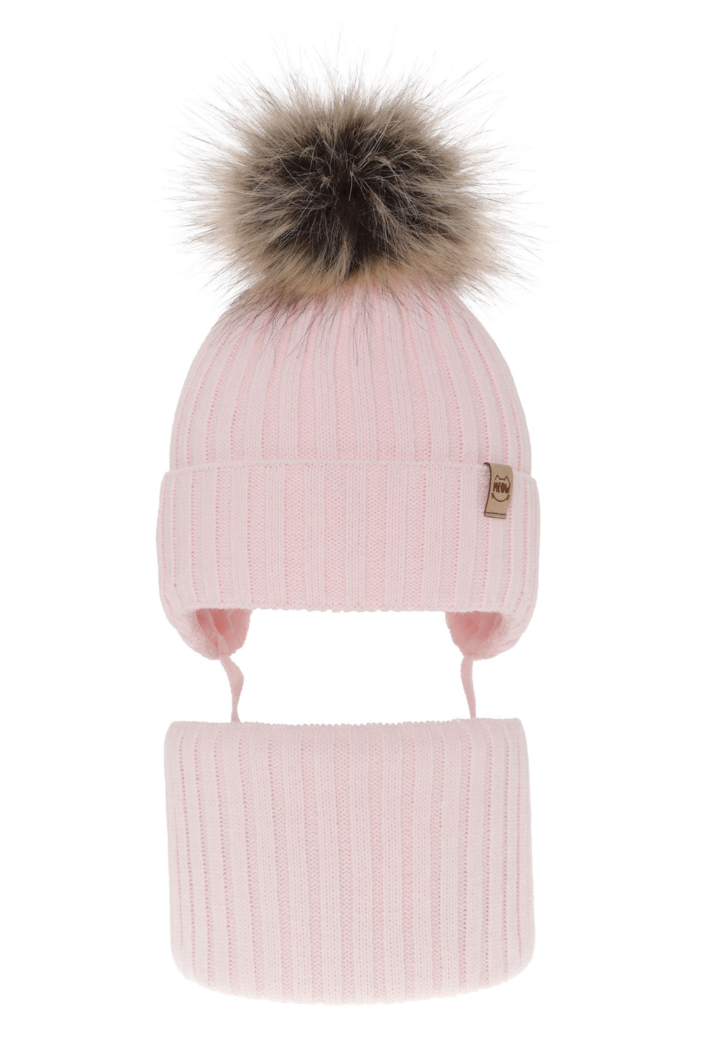 Flicka vinter set: mössa och halsduk, ljusrosa, med pompom, med knytband, Louisa
