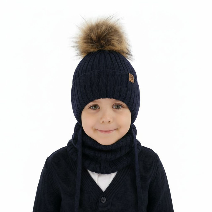 Pojke vinter set: mössa och halsduk, granatowy, med pompom, 100% Merino Ull, Juno