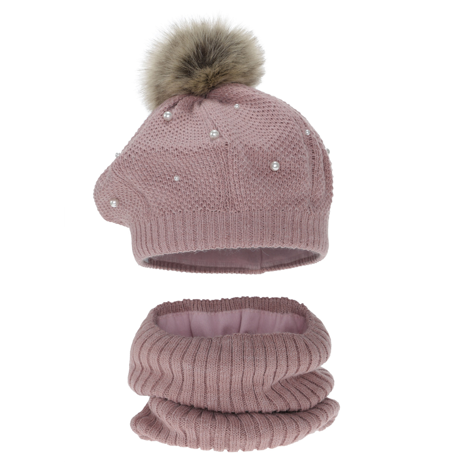 Flicka vinter set: beret och tubhalsduk, rosa, fodrad med fleece, med pompom, Jeanette