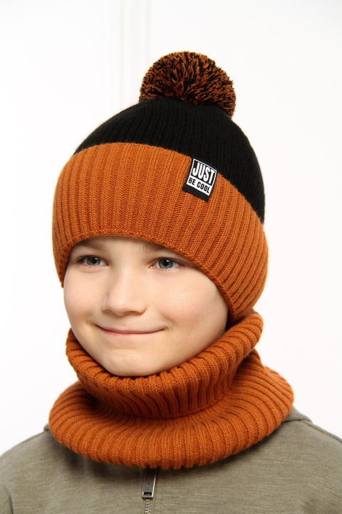 Pojke vinter set: mössa och tubhalsduk, orange, med pompom, Arlekin