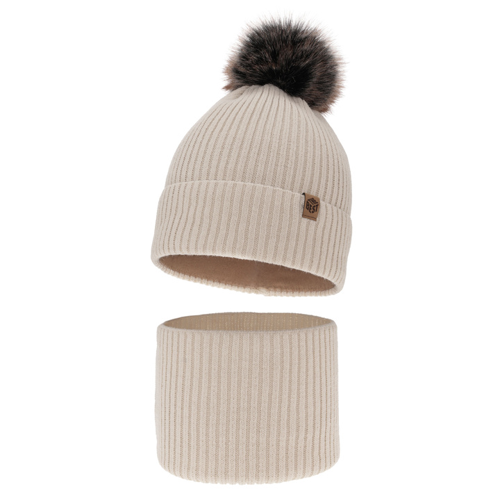 Pojke vinter set: mössa och tubhalsduk, beige, med pompom, Wizar