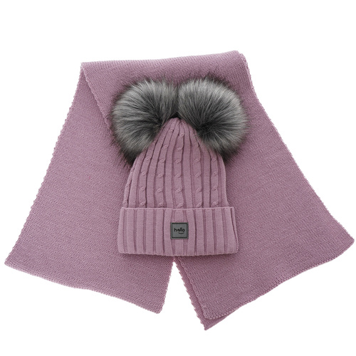 Flicka vinter set: mössa och halsduk, rosa, med två pompommar, Zenda