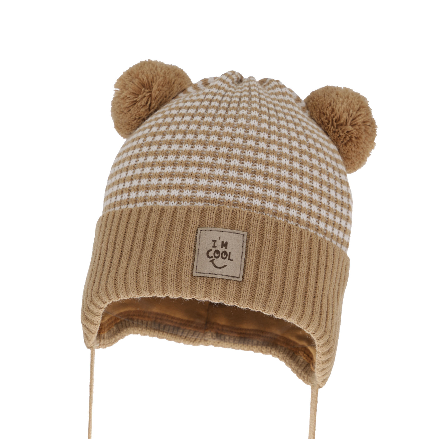 Pojke höst/vår mössa, beige, med två pompommar, knytband, Laurent