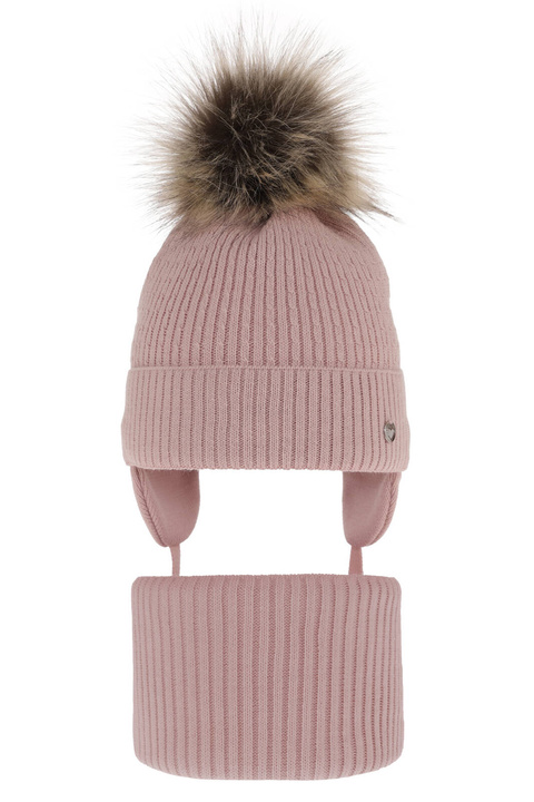 Flicka vinter set: mössa och tubhalsduk, rosa, med knytband, med pompom, Debra