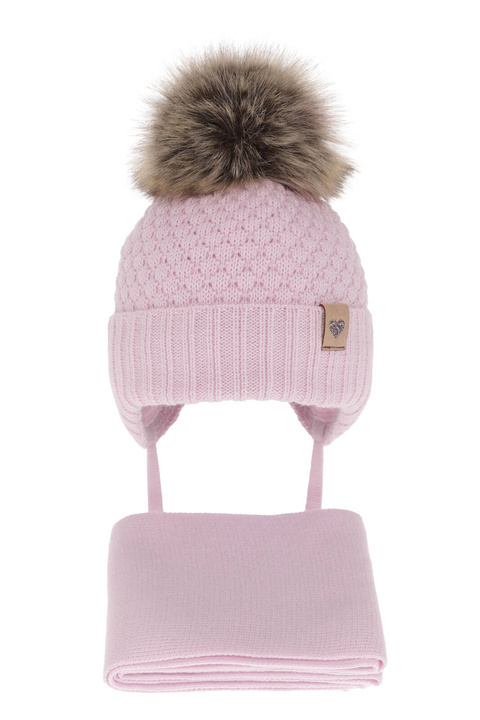 Flicka vinter set: mössa och halsduk, lila, med knytband, med pompom, Bianca