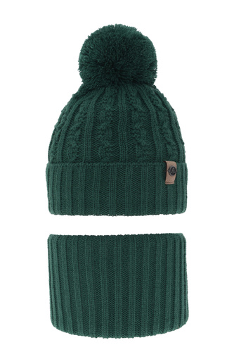 Pojke vinter set: mössa och tubhalsduk, grön, med pompom, Almond