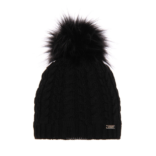Dam vintermössa, svart, med merinull, med pompom, Satina