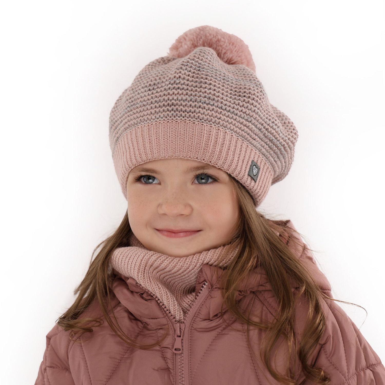 Flicka vinter set: mössa och halsduk, rosa, med pompom, Lira