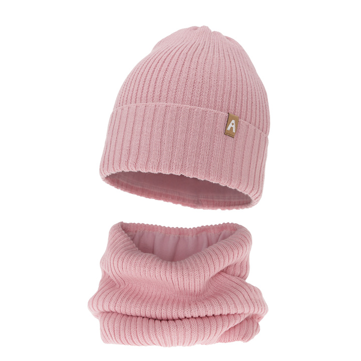 Flicka vinter set: mössa och tubhalsduk, rosa, med merinull, fodrad med fleece, Peggy