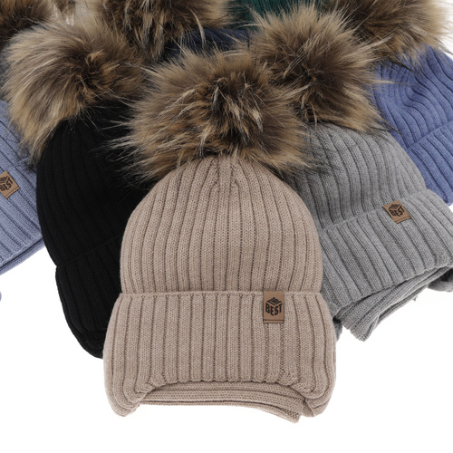 Pojke vinter set: mössa och halsduk, granatowy, med pompom, 100% Merino Ull, Juno