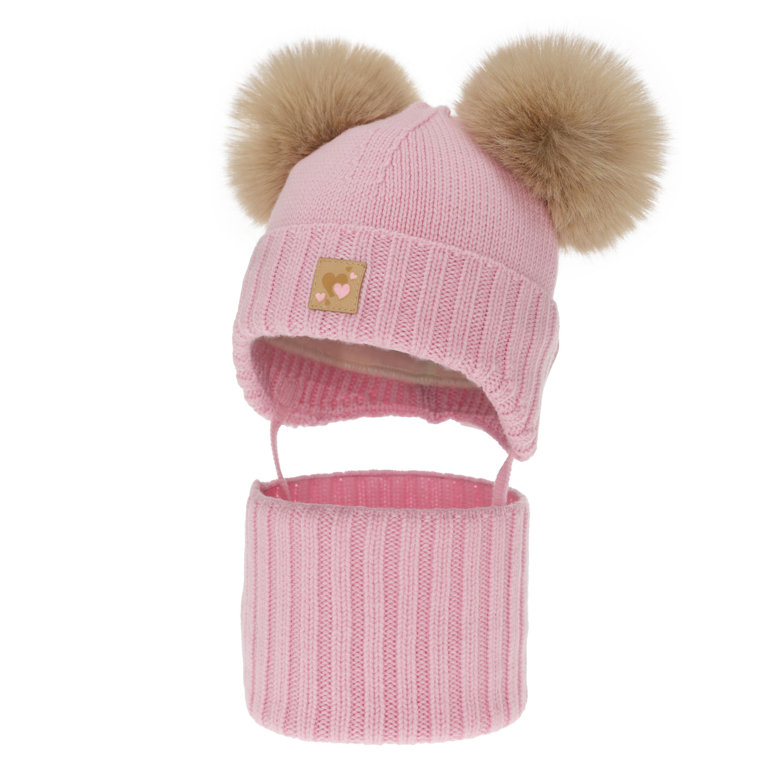 Flicka mössa och tubscarf, vinter set, rosa, 100% merinull, fodrad med ullfleece, Ronia
