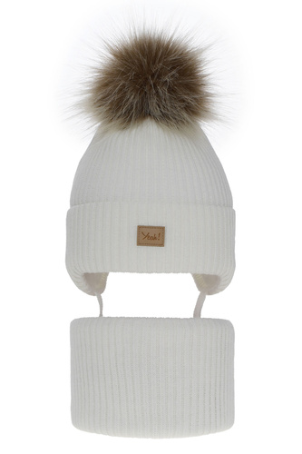 Flicka vinter set: mössa och halsduk, vit, med pompom, Dilajla