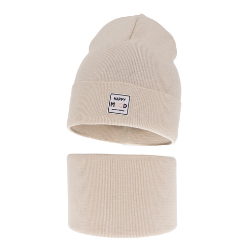 Flicka höst/vår set: mössa och tubhalsduk, beige, med bomull, Mersila