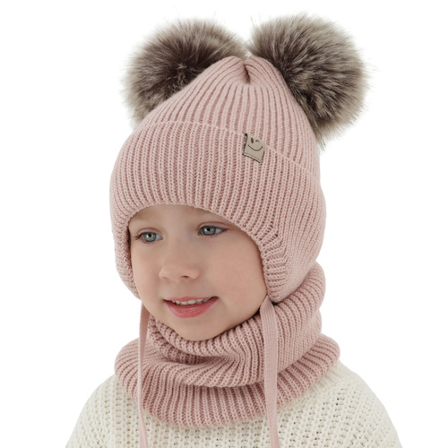 Flicka vinter set: mössa och tubhalsduk, beige, med två pompommar, med knytband, Zori