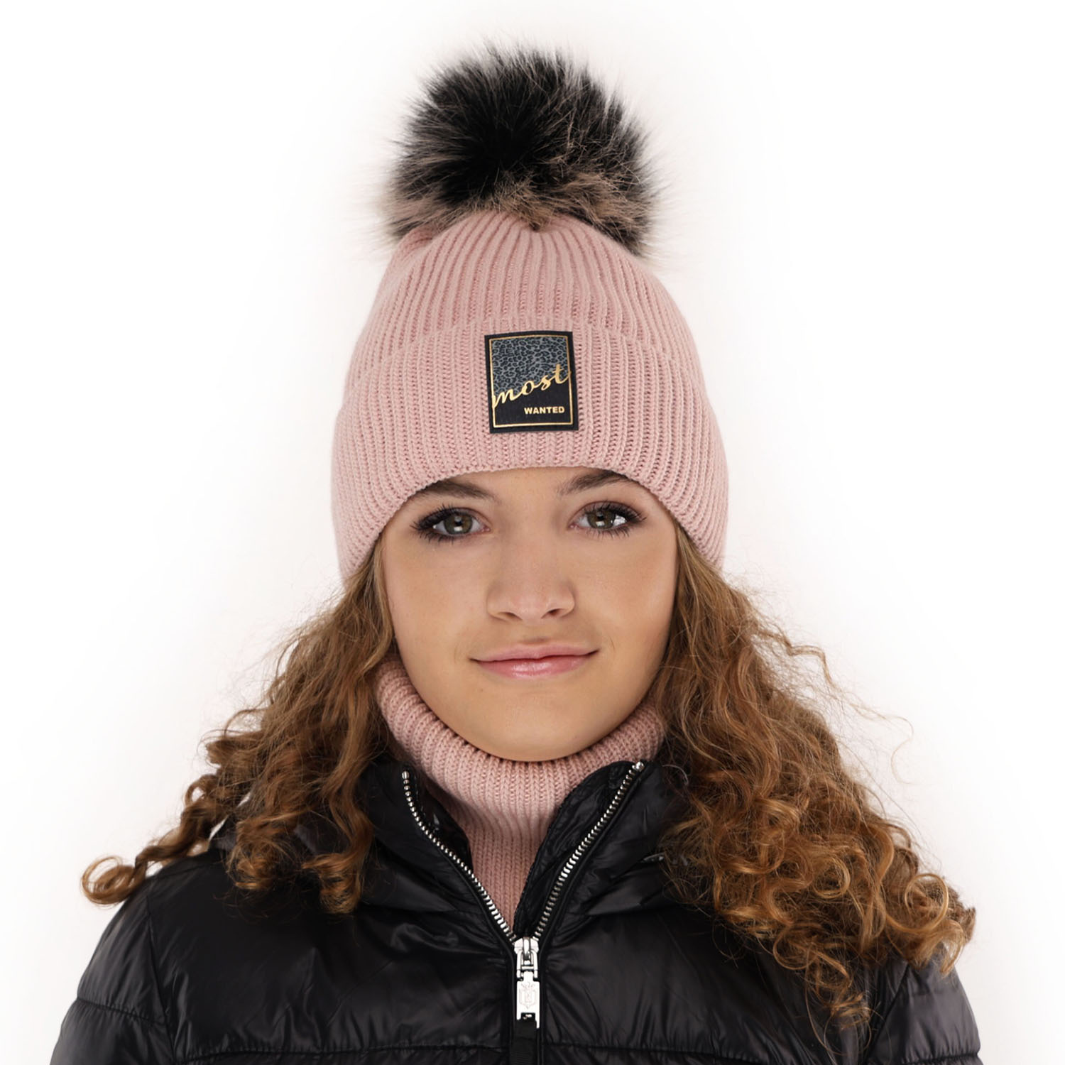 Flicka vinter set: mössa och halsduk, brun, med pompom, Sycylia