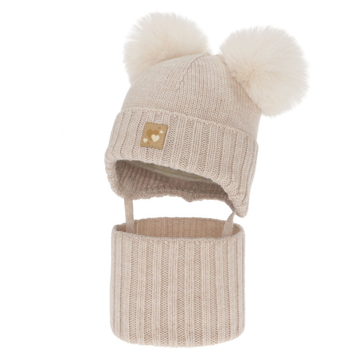 Flicka mössa och tubscarf, vinter set, beige, 100% merinull, fodrad med ullfleece, Ronia