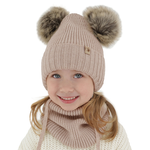 Flicka vinter set: mössa och tubhalsduk, beige, med två pompommar, wiązany, 100% Merino Ull, Silvia
