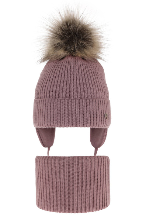 Flicka vinter set: mössa och tubhalsduk, lila, med knytband, med pompom, Debra
