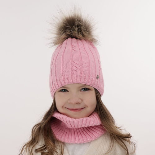Flicka vinter set: mössa och halsduk, rosa, med pompom, Amaltea