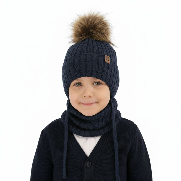 Pojke vinter set: mössa och halsduk, blå, med knytband, 100% Merino Ull, Juno