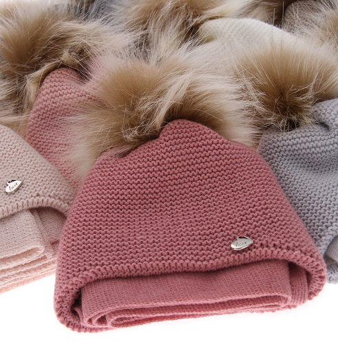 Flicka vinter set: mössa och halsduk, rosa, med pompom, Aimi