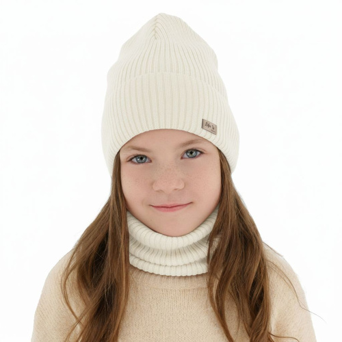 Flicka höst/vår set: mössa och tubhalsduk, kremowy, 100% Merino Ull, Itra