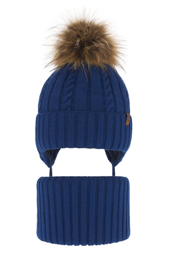 Pojke vinter set: mössa och tubhalsduk, blå, med knytband, med pompom, Peter