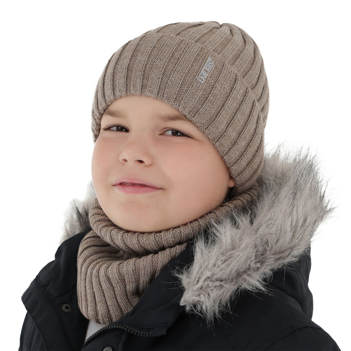 Pojke vinter set: mössa och tubhalsduk, beżowy, med merinull, fodrad med fleece, Banasko