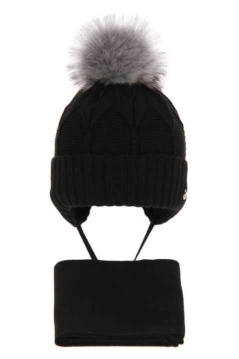 Flicka vinter set: mössa och halsduk, svart, med knytband, med pompom, Altina