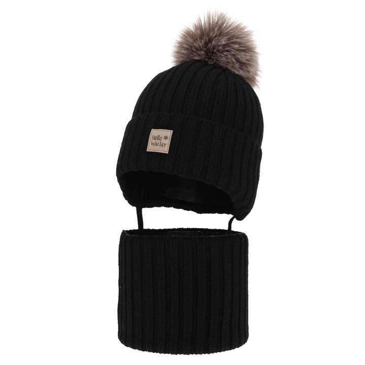Pojke vinter set: mössa och tubhalsduk, svart, 100% Merino Ull, fodrad med ullfleece, knytband, Morti