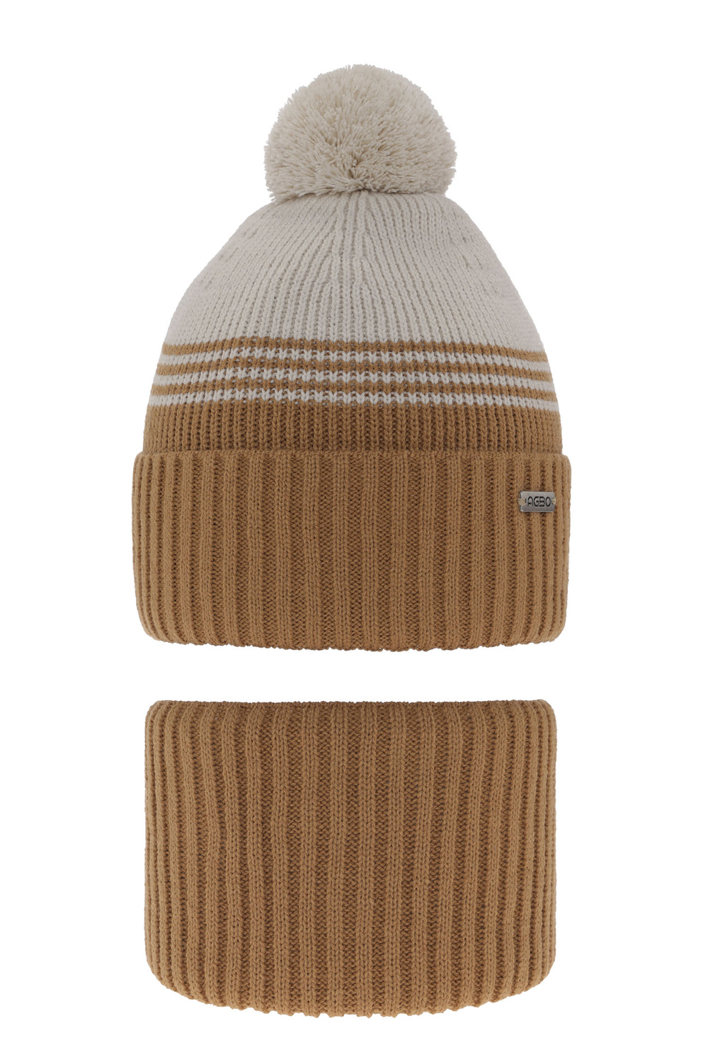 Pojke vinter set: mössa och tubhalsduk, camel, med pompom, Pallas