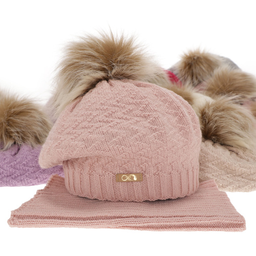 Flicka vinter set: mössa och halsduk, beige, med pompom, Atene