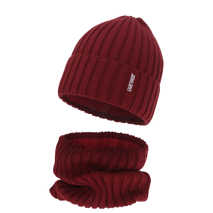 Pojke vinter set: mössa och tubhalsduk, bordowy, med merinull, fodrad med fleece, Banasko