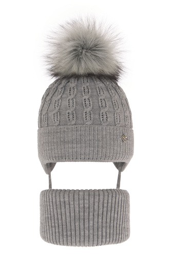 Flicka vinter set: mössa och tubhalsduk, grå, med pompom, Tukana