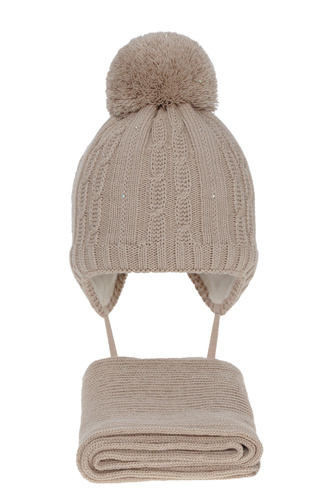 Flicka vinter set: mössa och halsduk, beige, med pompom, Candy