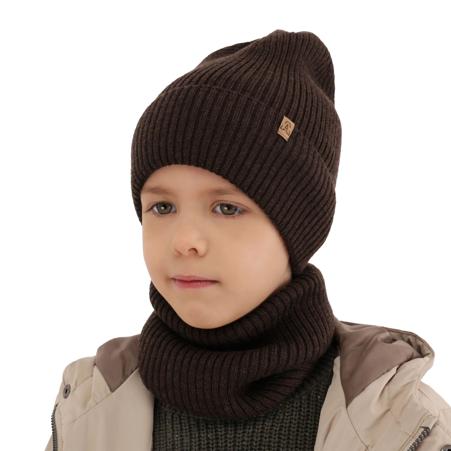 Pojke höst/vår set: mössa och halsduk, camel, 100% Merino Ull, Lemas