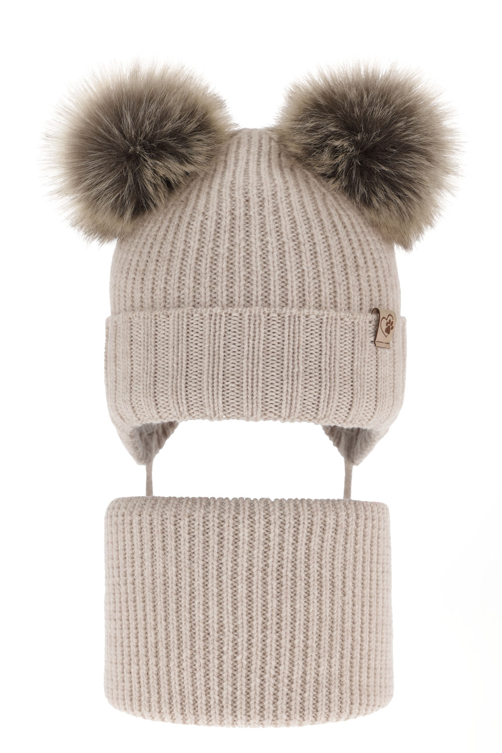 Flicka vinter set: mössa och tubhalsduk, beige, med två pompommar, wiązany, 100% Merino Ull, Silvia