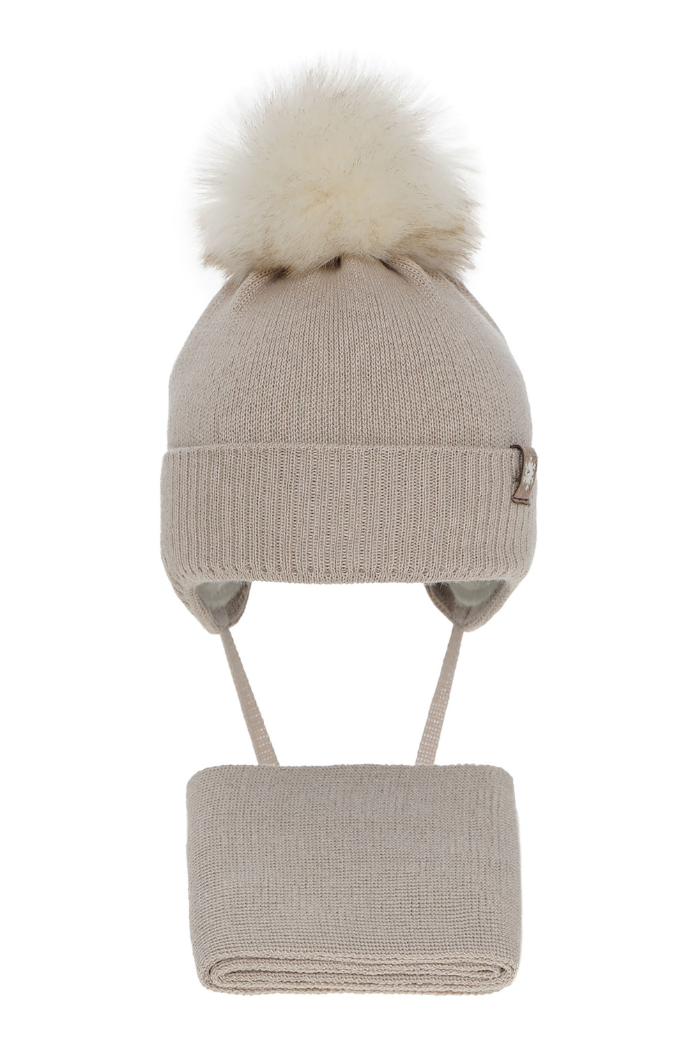 Flicka vinter set: mössa och halsduk, beige, med knytband, med pompom, med merinull, Arika
