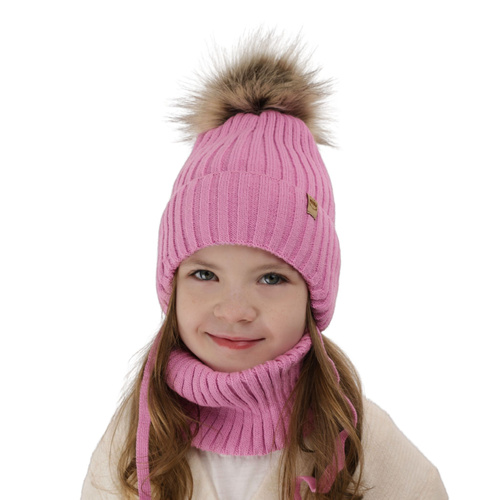 Flicka vinter set: mössa och halsduk, rosa, med pompom, wiązany, Louisa