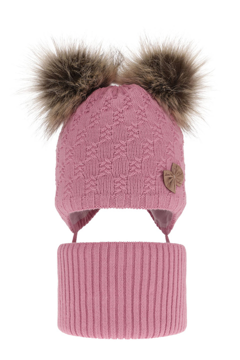 Flicka vinter set: mössa och halsduk, rosa, med två pompommar, wiązany Bettina